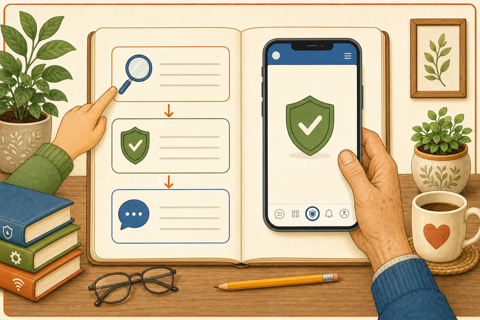 Una guida aperta e uno smartphone mostrano passaggi semplici per usare la tecnologia con sicurezza