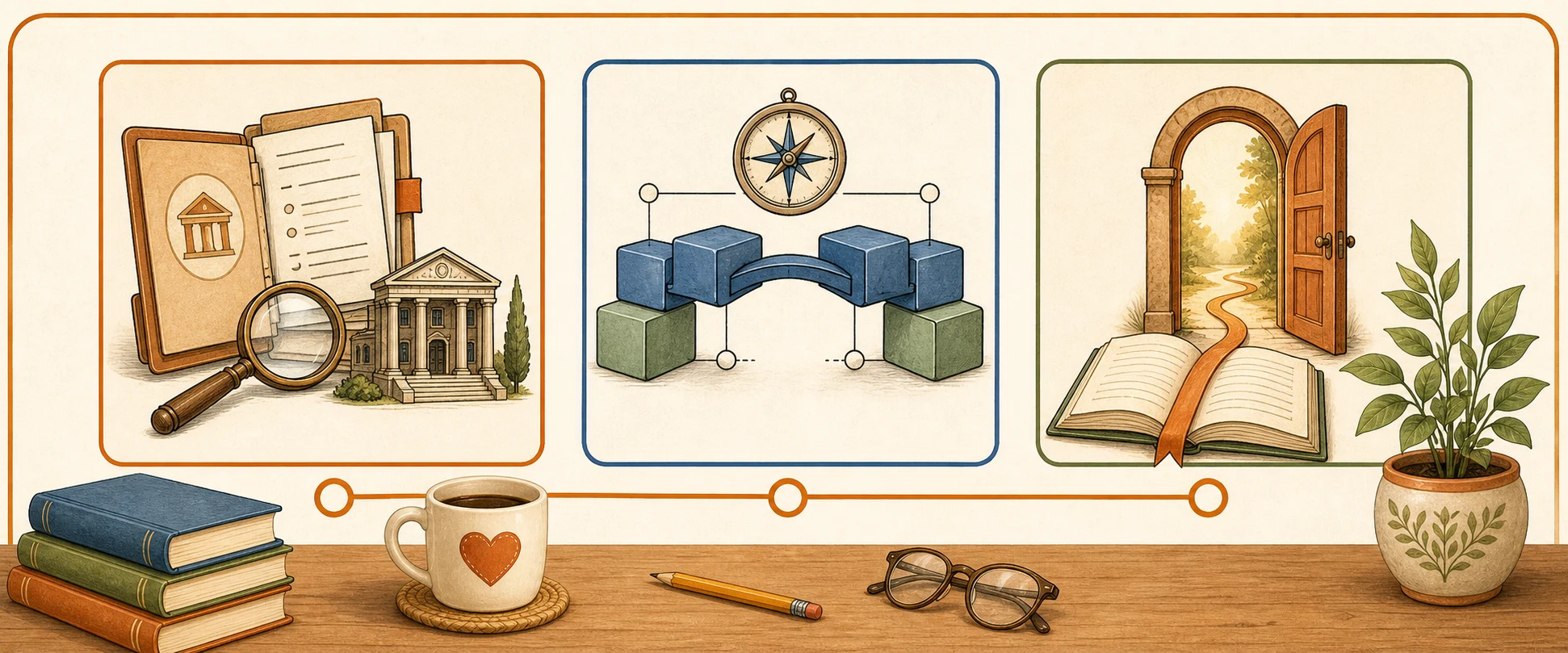 Tre tavole illustrate rappresentano osservazione delle politiche, costruzione di framework e un nuovo libro